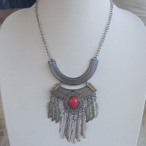 Silver and Marble Red Feather Pendant Necklace